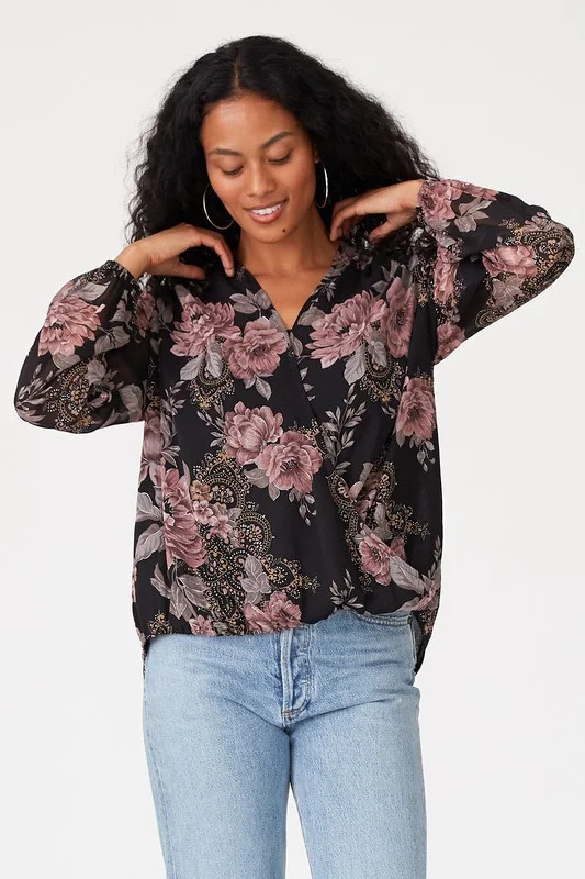 Brielle Long Sleeve Surplice Floral Print Top Black