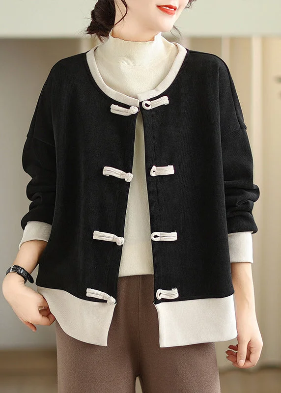 Chinese Style Black O Neck Oriental Button Warm Fleece Coats Fall