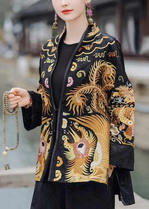 Chinese Style Yellow Embroidered Lace Up Silk Coats Spring