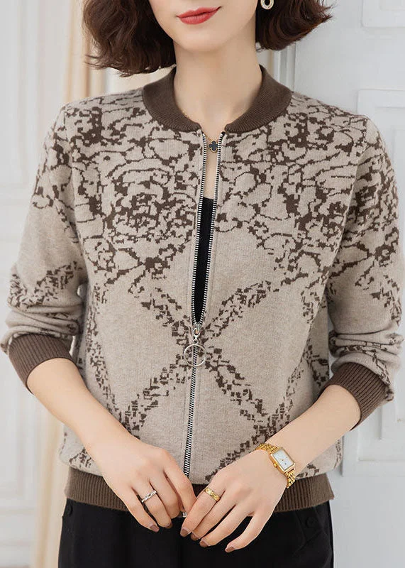 Coffee Print Woolen Coats Zip Up Thick Long Sleeve